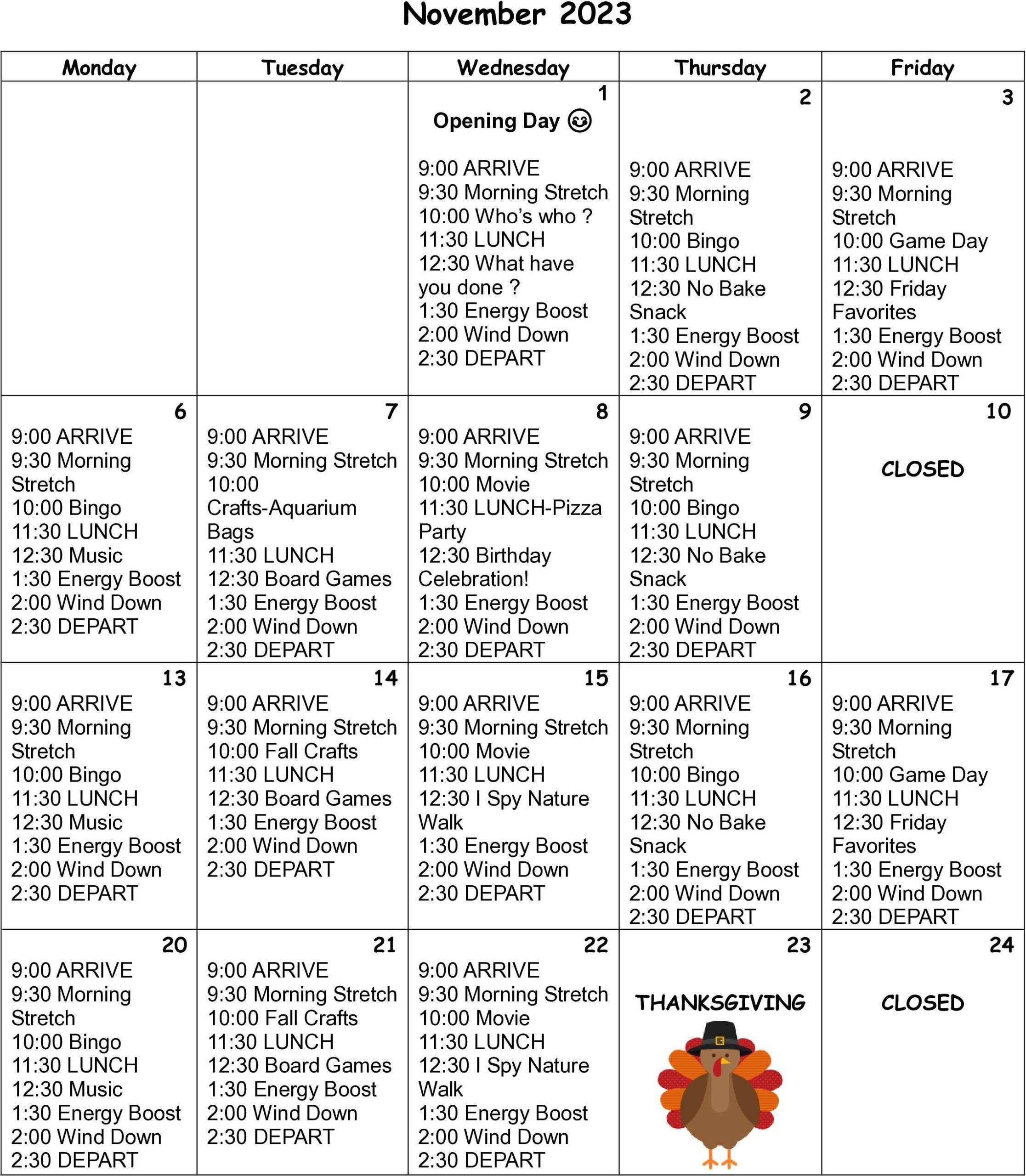 Adult Day November Calendar Page 1